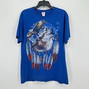 Vintage Patriotic Nature Tshirt Mens Large Blue Dreamcatcher Wolf‎ Eagle Y2K